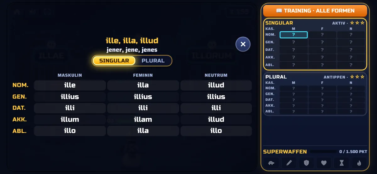 Tabelle mit allen Formen von ille, illa, illud